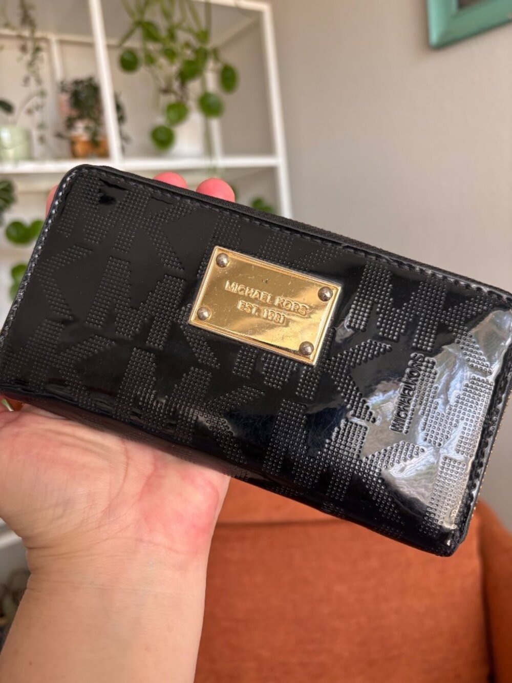 Michael Kors Black Patent Leather Monogram Zip-Around Wallet With Gold-Tone Hard